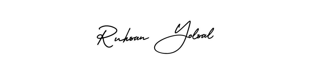 You should practise on your own different ways (AmerikaSignatureDemo-Regular) to write your name (Ruhsan Yolsal) in signature. don't let someone else do it for you. Ruhsan Yolsal signature style 3 images and pictures png