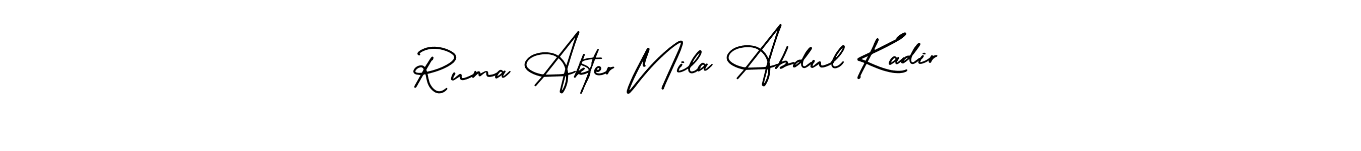 The best way (AmerikaSignatureDemo-Regular) to make a short signature is to pick only two or three words in your name. The name Ruma Akter Nila Abdul Kadir include a total of six letters. For converting this name. Ruma Akter Nila Abdul Kadir signature style 3 images and pictures png