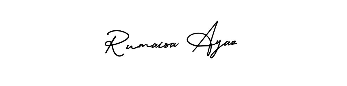 You should practise on your own different ways (AmerikaSignatureDemo-Regular) to write your name (Rumaisa Ayaz) in signature. don't let someone else do it for you. Rumaisa Ayaz signature style 3 images and pictures png