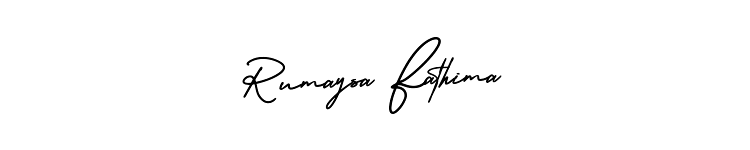 The best way (AmerikaSignatureDemo-Regular) to make a short signature is to pick only two or three words in your name. The name Rumaysa Fathima include a total of six letters. For converting this name. Rumaysa Fathima signature style 3 images and pictures png