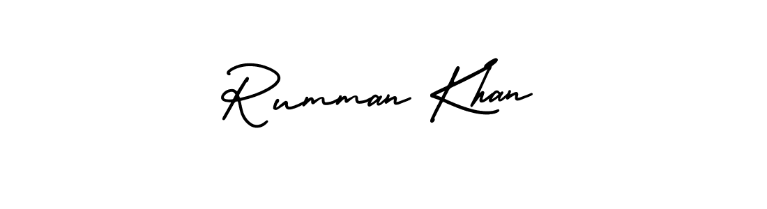 You should practise on your own different ways (AmerikaSignatureDemo-Regular) to write your name (Rumman Khan) in signature. don't let someone else do it for you. Rumman Khan signature style 3 images and pictures png