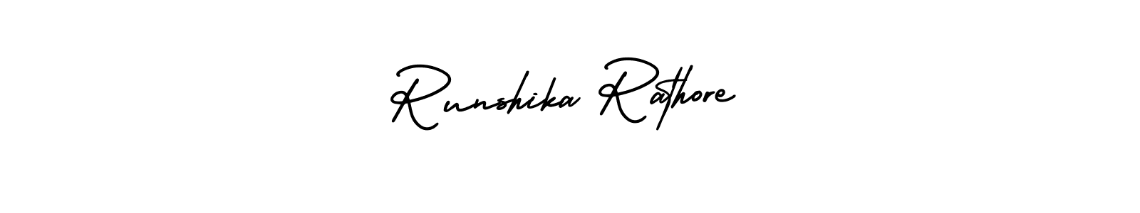 You should practise on your own different ways (AmerikaSignatureDemo-Regular) to write your name (Runshika Rathore) in signature. don't let someone else do it for you. Runshika Rathore signature style 3 images and pictures png