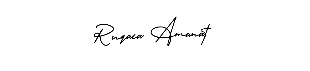 You should practise on your own different ways (AmerikaSignatureDemo-Regular) to write your name (Ruqaia Amanat) in signature. don't let someone else do it for you. Ruqaia Amanat signature style 3 images and pictures png