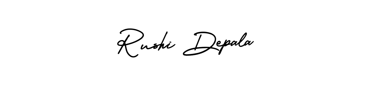 You should practise on your own different ways (AmerikaSignatureDemo-Regular) to write your name (Rushi Depala) in signature. don't let someone else do it for you. Rushi Depala signature style 3 images and pictures png