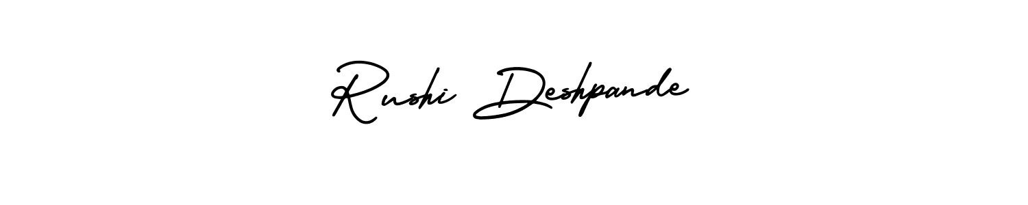 The best way (AmerikaSignatureDemo-Regular) to make a short signature is to pick only two or three words in your name. The name Rushi Deshpande include a total of six letters. For converting this name. Rushi Deshpande signature style 3 images and pictures png
