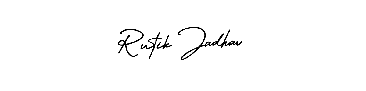 The best way (AmerikaSignatureDemo-Regular) to make a short signature is to pick only two or three words in your name. The name Rutik Jadhav include a total of six letters. For converting this name. Rutik Jadhav signature style 3 images and pictures png