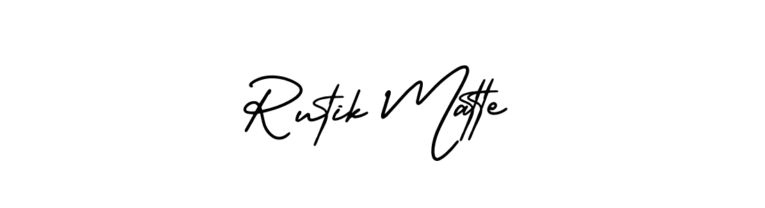 You should practise on your own different ways (AmerikaSignatureDemo-Regular) to write your name (Rutik Matte) in signature. don't let someone else do it for you. Rutik Matte signature style 3 images and pictures png