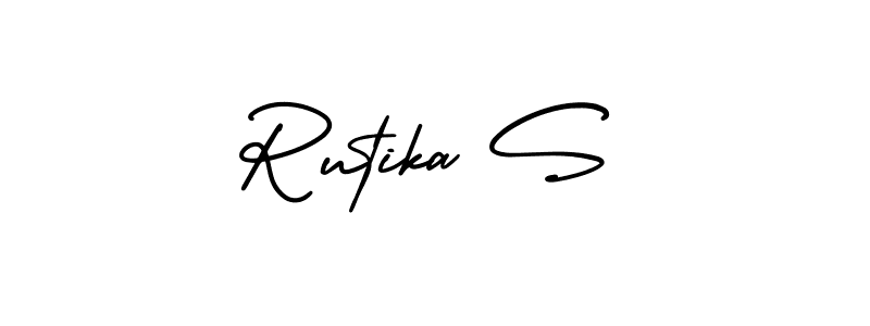 You should practise on your own different ways (AmerikaSignatureDemo-Regular) to write your name (Rutika S) in signature. don't let someone else do it for you. Rutika S signature style 3 images and pictures png