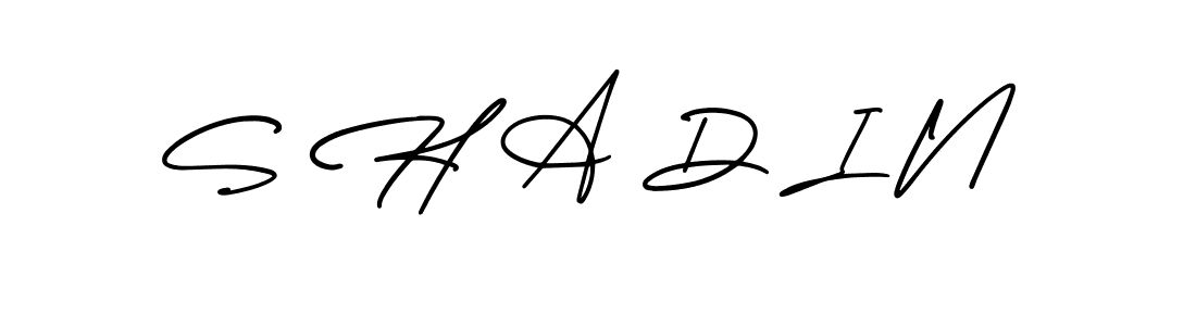 The best way (AmerikaSignatureDemo-Regular) to make a short signature is to pick only two or three words in your name. The name S H A D I N include a total of six letters. For converting this name. S H A D I N signature style 3 images and pictures png