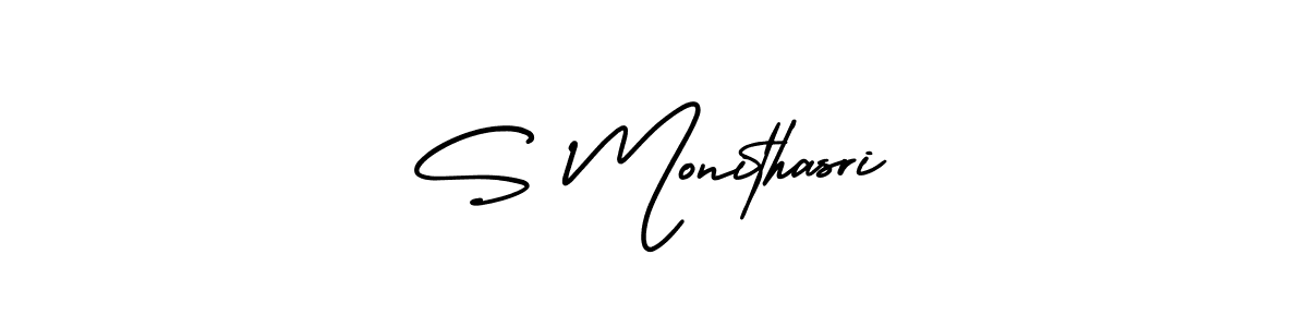 Similarly AmerikaSignatureDemo-Regular is the best handwritten signature design. Signature creator online .You can use it as an online autograph creator for name S Monithasri. S Monithasri signature style 3 images and pictures png