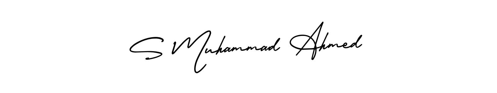 This is the best signature style for the S Muhammad Ahmed name. Also you like these signature font (AmerikaSignatureDemo-Regular). Mix name signature. S Muhammad Ahmed signature style 3 images and pictures png