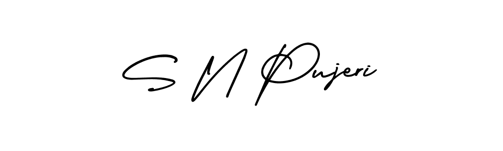 You should practise on your own different ways (AmerikaSignatureDemo-Regular) to write your name (S N Pujeri) in signature. don't let someone else do it for you. S N Pujeri signature style 3 images and pictures png