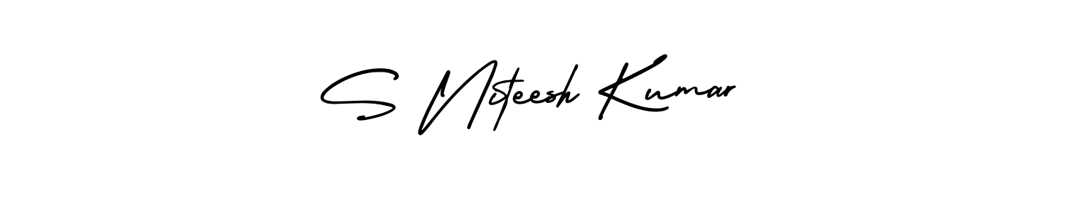 You should practise on your own different ways (AmerikaSignatureDemo-Regular) to write your name (S Niteesh Kumar) in signature. don't let someone else do it for you. S Niteesh Kumar signature style 3 images and pictures png