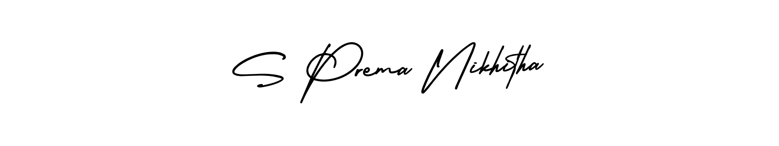 You should practise on your own different ways (AmerikaSignatureDemo-Regular) to write your name (S Prema Nikhitha) in signature. don't let someone else do it for you. S Prema Nikhitha signature style 3 images and pictures png