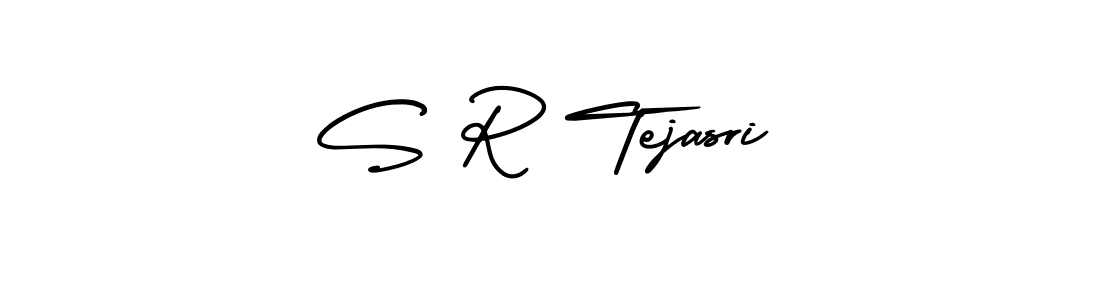 You should practise on your own different ways (AmerikaSignatureDemo-Regular) to write your name (S R Tejasri) in signature. don't let someone else do it for you. S R Tejasri signature style 3 images and pictures png