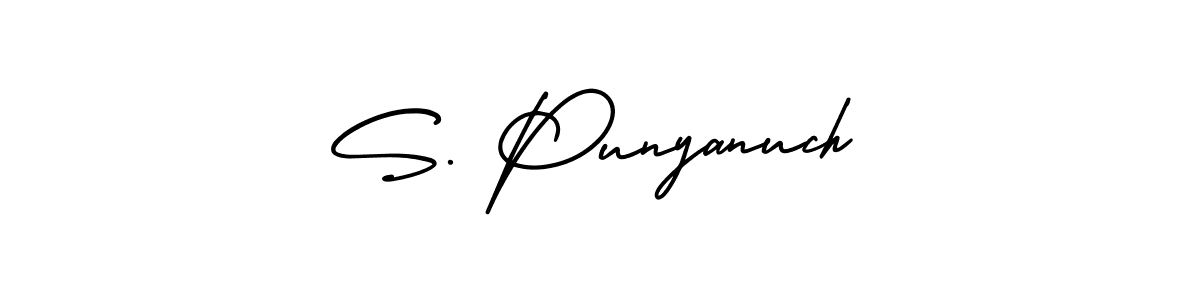 Use a signature maker to create a handwritten signature online. With this signature software, you can design (AmerikaSignatureDemo-Regular) your own signature for name S. Punyanuch. S. Punyanuch signature style 3 images and pictures png