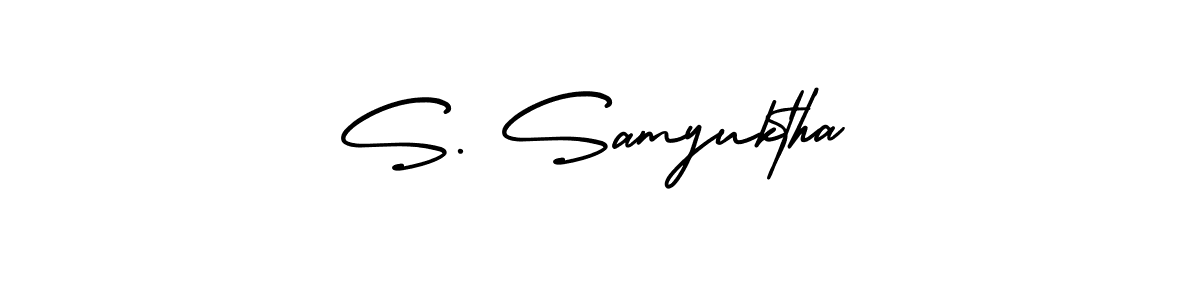 You should practise on your own different ways (AmerikaSignatureDemo-Regular) to write your name (S. Samyuktha) in signature. don't let someone else do it for you. S. Samyuktha signature style 3 images and pictures png