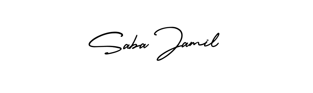 You should practise on your own different ways (AmerikaSignatureDemo-Regular) to write your name (Saba Jamil) in signature. don't let someone else do it for you. Saba Jamil signature style 3 images and pictures png