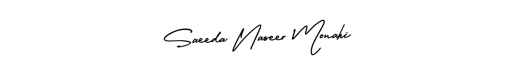 You should practise on your own different ways (AmerikaSignatureDemo-Regular) to write your name (Saeeda Naseer Monahi) in signature. don't let someone else do it for you. Saeeda Naseer Monahi signature style 3 images and pictures png