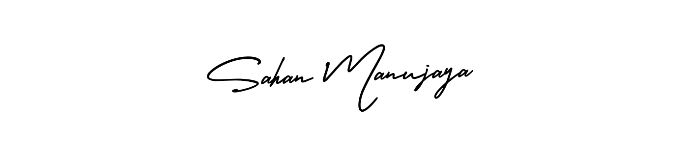 You should practise on your own different ways (AmerikaSignatureDemo-Regular) to write your name (Sahan Manujaya) in signature. don't let someone else do it for you. Sahan Manujaya signature style 3 images and pictures png