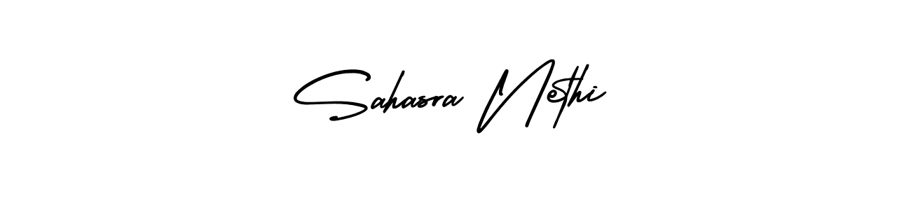 You should practise on your own different ways (AmerikaSignatureDemo-Regular) to write your name (Sahasra Nethi) in signature. don't let someone else do it for you. Sahasra Nethi signature style 3 images and pictures png