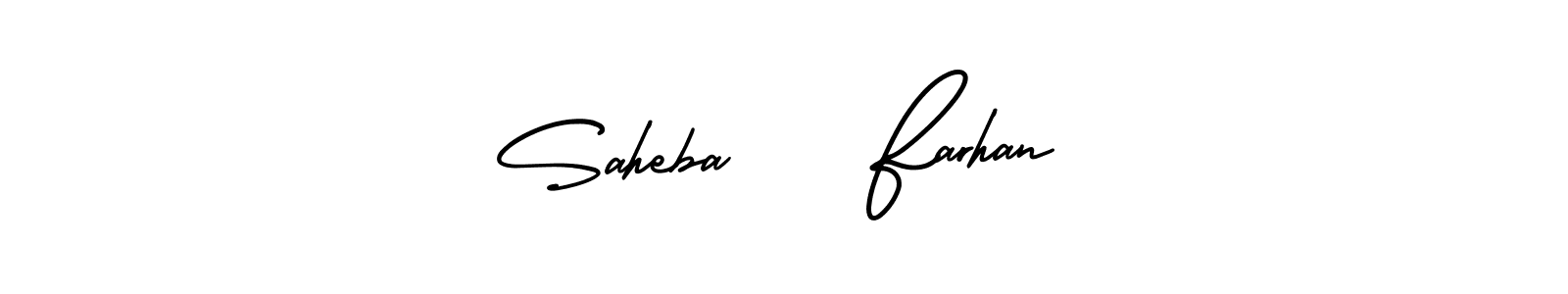 You should practise on your own different ways (AmerikaSignatureDemo-Regular) to write your name (Saheba    Farhan) in signature. don't let someone else do it for you. Saheba    Farhan signature style 3 images and pictures png