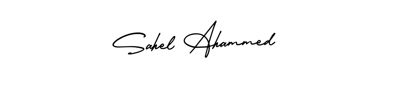 You should practise on your own different ways (AmerikaSignatureDemo-Regular) to write your name (Sahel Ahammed) in signature. don't let someone else do it for you. Sahel Ahammed signature style 3 images and pictures png