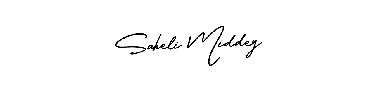 You should practise on your own different ways (AmerikaSignatureDemo-Regular) to write your name (Saheli Middey) in signature. don't let someone else do it for you. Saheli Middey signature style 3 images and pictures png