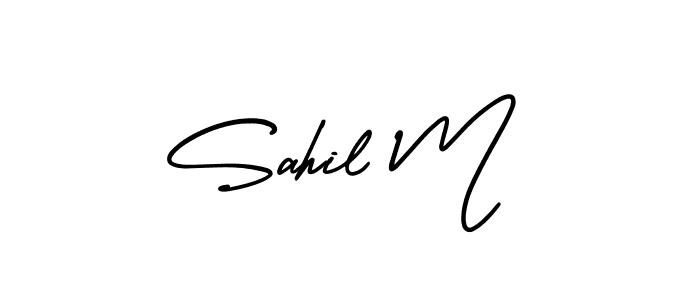 You should practise on your own different ways (AmerikaSignatureDemo-Regular) to write your name (Sahil M) in signature. don't let someone else do it for you. Sahil M signature style 3 images and pictures png