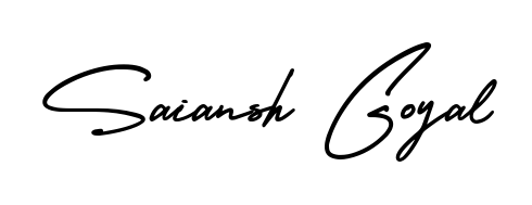 The AmerikaSignatureDemo-Regular typeface gives name Saiansh Goyal a refined look. Suitable for certificates, diplomas, and official verification. Saiansh Goyal signature style 3 images and pictures png