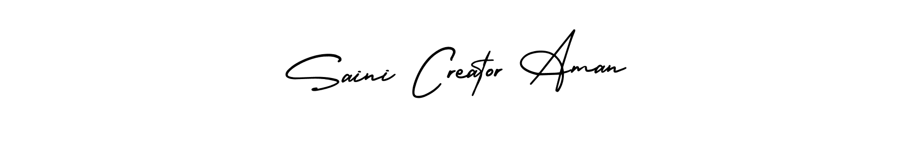 You should practise on your own different ways (AmerikaSignatureDemo-Regular) to write your name (Saini Creator Aman) in signature. don't let someone else do it for you. Saini Creator Aman signature style 3 images and pictures png