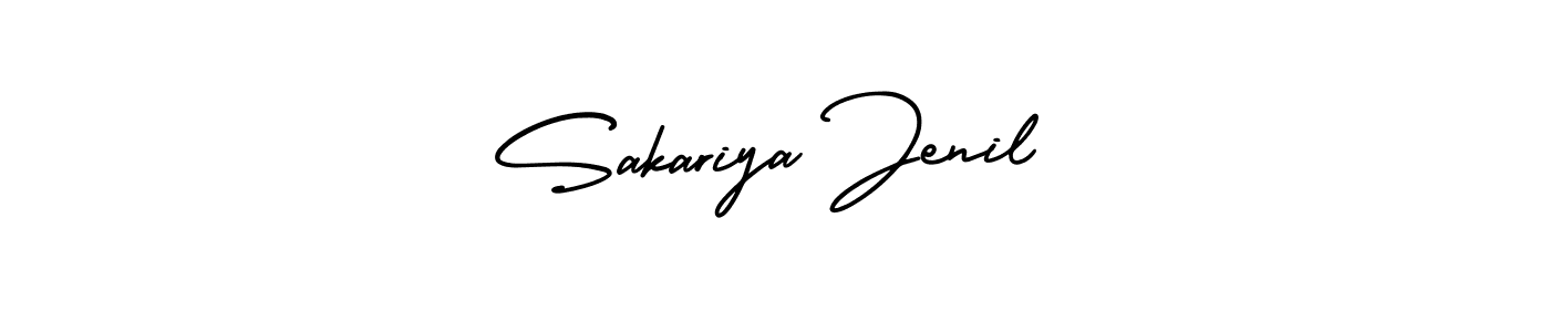 You should practise on your own different ways (AmerikaSignatureDemo-Regular) to write your name (Sakariya Jenil) in signature. don't let someone else do it for you. Sakariya Jenil signature style 3 images and pictures png