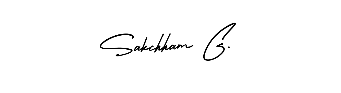 You should practise on your own different ways (AmerikaSignatureDemo-Regular) to write your name (Sakchham G.) in signature. don't let someone else do it for you. Sakchham G. signature style 3 images and pictures png