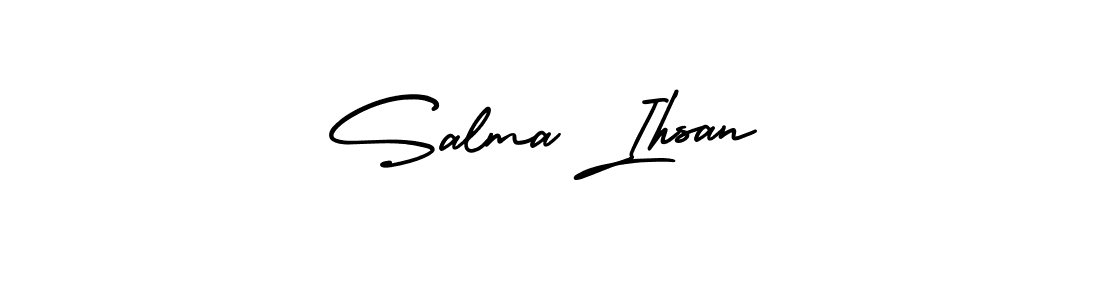 You should practise on your own different ways (AmerikaSignatureDemo-Regular) to write your name (Salma Ihsan) in signature. don't let someone else do it for you. Salma Ihsan signature style 3 images and pictures png
