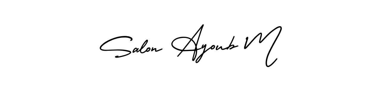 if you are searching for the best signature style for your name Salon Ayoub M. so please give up your signature search. here we have designed multiple signature styles  using AmerikaSignatureDemo-Regular. Salon Ayoub M signature style 3 images and pictures png