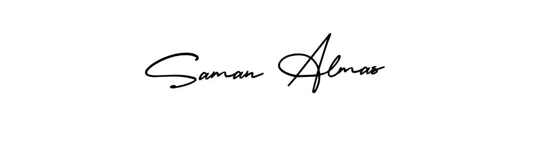 You should practise on your own different ways (AmerikaSignatureDemo-Regular) to write your name (Saman Almas) in signature. don't let someone else do it for you. Saman Almas signature style 3 images and pictures png