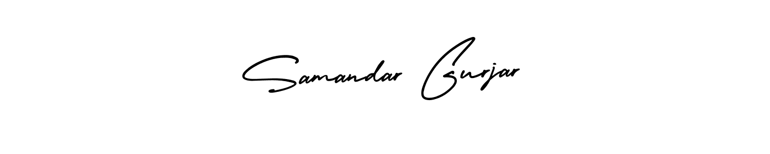 The best way (AmerikaSignatureDemo-Regular) to make a short signature is to pick only two or three words in your name. The name Samandar Gurjar include a total of six letters. For converting this name. Samandar Gurjar signature style 3 images and pictures png