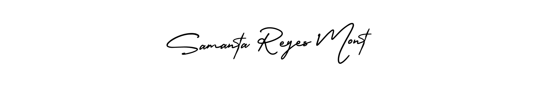 You should practise on your own different ways (AmerikaSignatureDemo-Regular) to write your name (Samanta Reyes Mont) in signature. don't let someone else do it for you. Samanta Reyes Mont signature style 3 images and pictures png