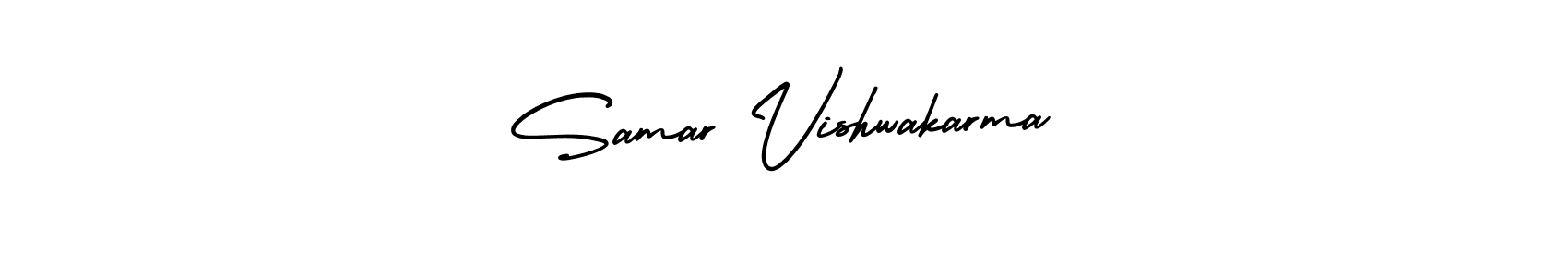 The best way (AmerikaSignatureDemo-Regular) to make a short signature is to pick only two or three words in your name. The name Samar Vishwakarma include a total of six letters. For converting this name. Samar Vishwakarma signature style 3 images and pictures png
