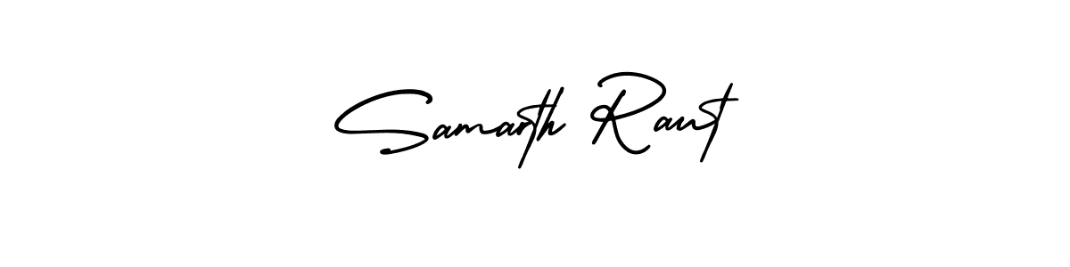 You should practise on your own different ways (AmerikaSignatureDemo-Regular) to write your name (Samarth Raut) in signature. don't let someone else do it for you. Samarth Raut signature style 3 images and pictures png