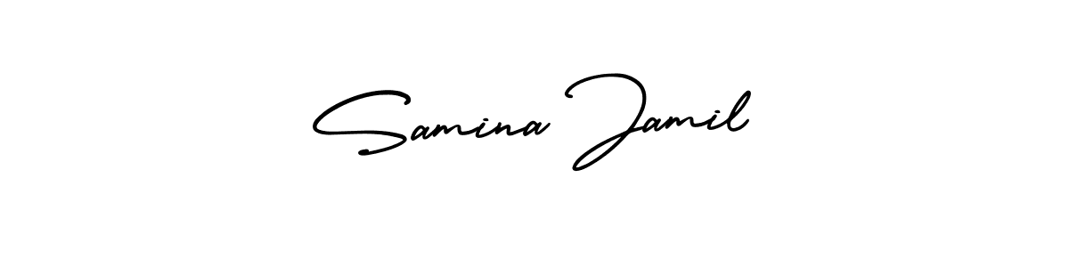 You should practise on your own different ways (AmerikaSignatureDemo-Regular) to write your name (Samina Jamil) in signature. don't let someone else do it for you. Samina Jamil signature style 3 images and pictures png