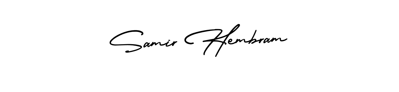 You should practise on your own different ways (AmerikaSignatureDemo-Regular) to write your name (Samir Hembram) in signature. don't let someone else do it for you. Samir Hembram signature style 3 images and pictures png