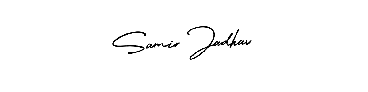 You should practise on your own different ways (AmerikaSignatureDemo-Regular) to write your name (Samir Jadhav) in signature. don't let someone else do it for you. Samir Jadhav signature style 3 images and pictures png