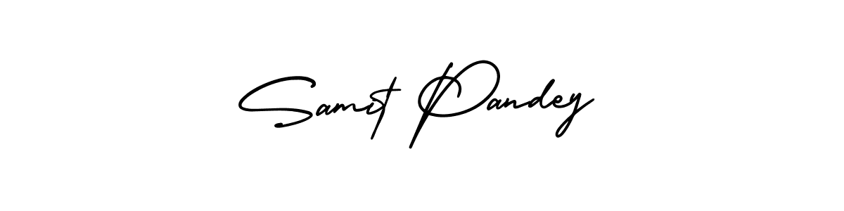 You should practise on your own different ways (AmerikaSignatureDemo-Regular) to write your name (Samit Pandey) in signature. don't let someone else do it for you. Samit Pandey signature style 3 images and pictures png