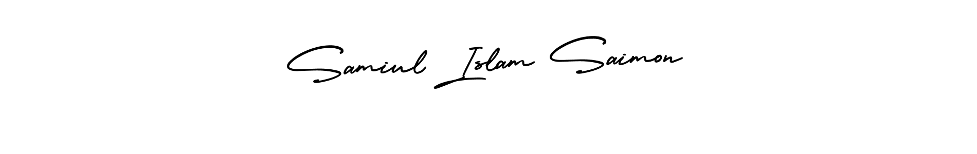 You should practise on your own different ways (AmerikaSignatureDemo-Regular) to write your name (Samiul Islam Saimon) in signature. don't let someone else do it for you. Samiul Islam Saimon signature style 3 images and pictures png