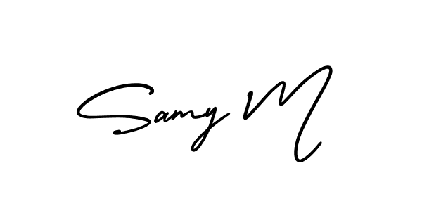 You should practise on your own different ways (AmerikaSignatureDemo-Regular) to write your name (Samy M) in signature. don't let someone else do it for you. Samy M signature style 3 images and pictures png