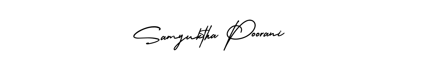 You should practise on your own different ways (AmerikaSignatureDemo-Regular) to write your name (Samyuktha Poorani) in signature. don't let someone else do it for you. Samyuktha Poorani signature style 3 images and pictures png