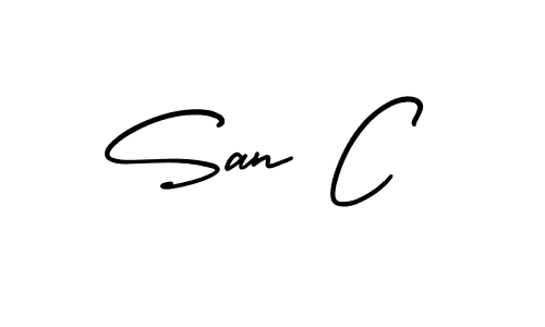 You should practise on your own different ways (AmerikaSignatureDemo-Regular) to write your name (San C) in signature. don't let someone else do it for you. San C signature style 3 images and pictures png