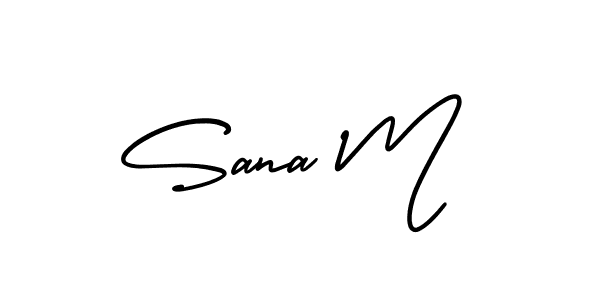 You should practise on your own different ways (AmerikaSignatureDemo-Regular) to write your name (Sana M) in signature. don't let someone else do it for you. Sana M signature style 3 images and pictures png