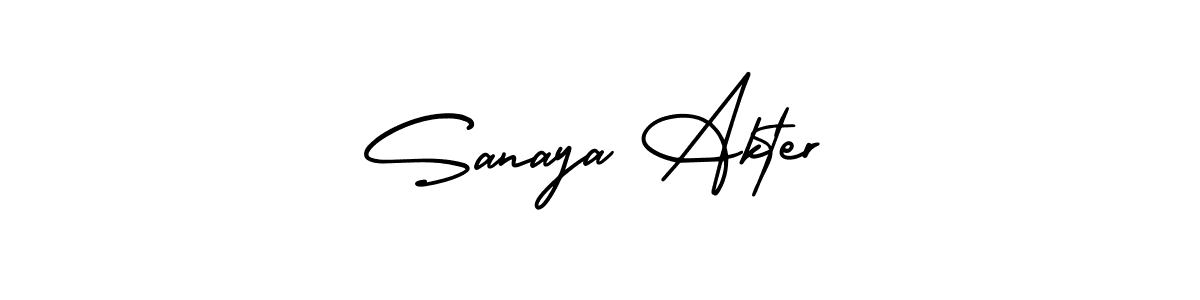 You should practise on your own different ways (AmerikaSignatureDemo-Regular) to write your name (Sanaya Akter) in signature. don't let someone else do it for you. Sanaya Akter signature style 3 images and pictures png